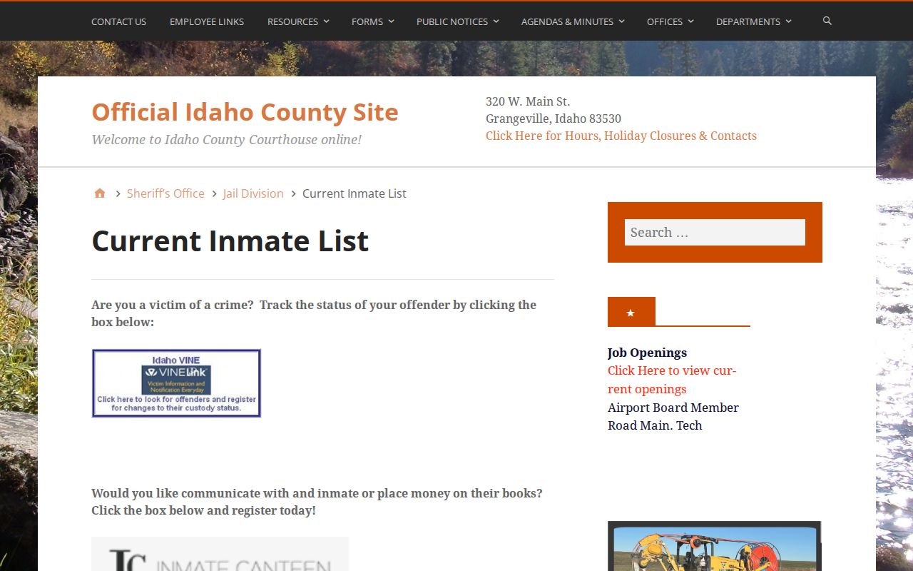 Idaho County current inmate list and VINE custody interface
