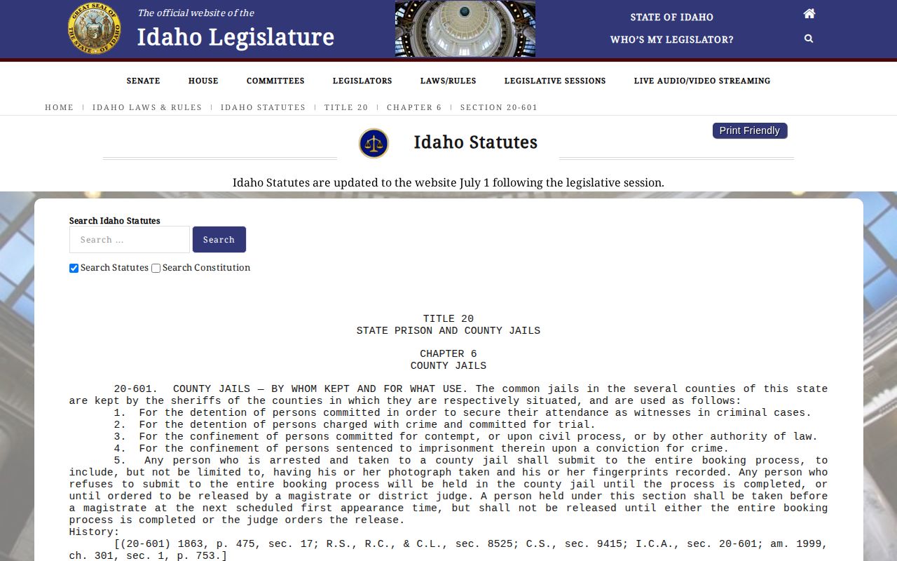 Idaho County booking record law source, Idaho Code section 20-601