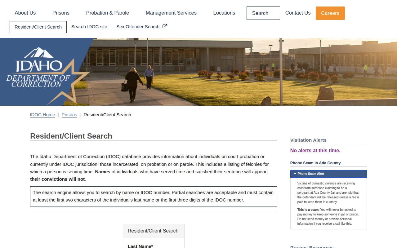 Idaho County research view of the Idaho Department of Correction resident and client search