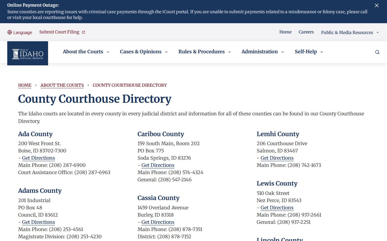 Idaho County courthouse directory used for warrant and court routing