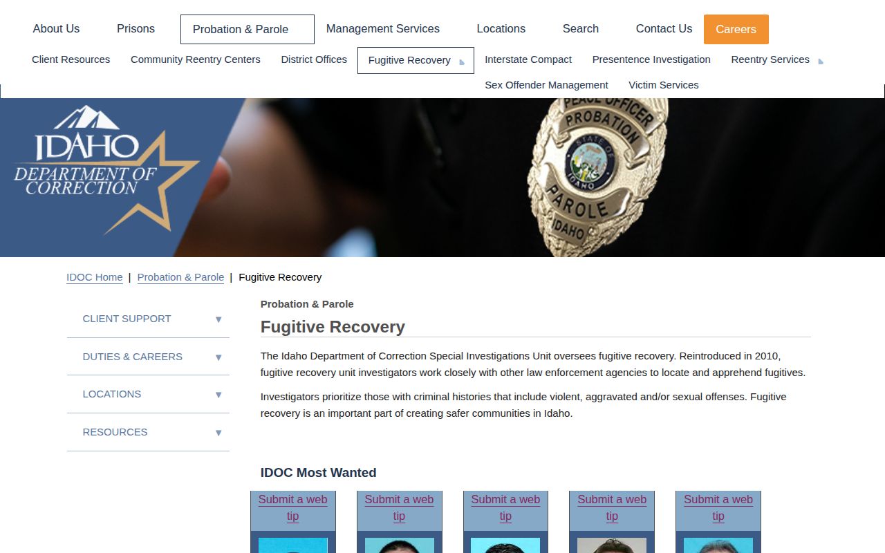 Idaho Department of Correction fugitive recovery source for state supervision tips