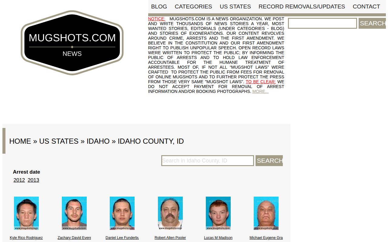 Mugshots.com Idaho directory source showing volatile third-party county navigation